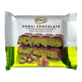 Bolci - Dubai Chocolate With Pistachio Kadayif Filled Milk Chocolate Bar (100g) packaging showcases milk chocolate with pistachio kadayif filling, pistachios, and hazelnuts on a white and green background.